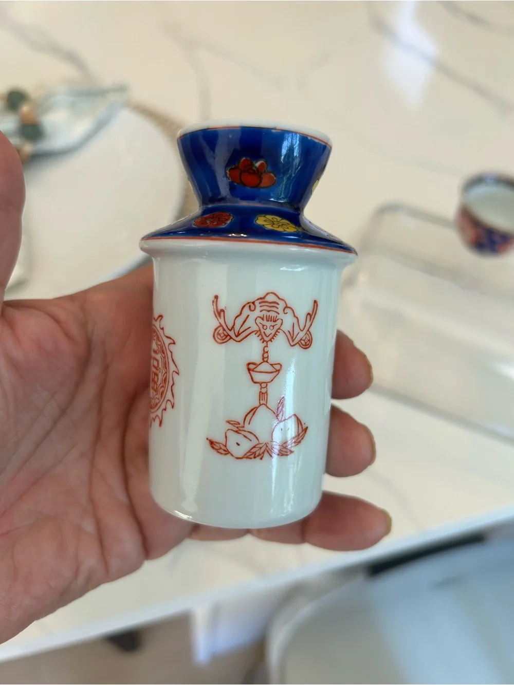 Vintage Chinese Blue and Gold Porcelain Decorative Tea Canister 3 pc